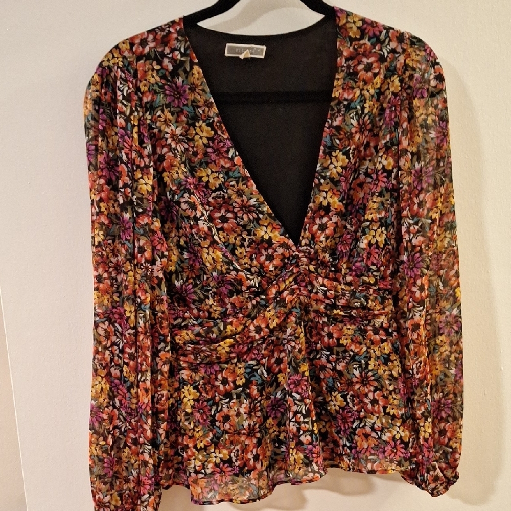 Pleione Red and Pink Floral Wrap Blouse